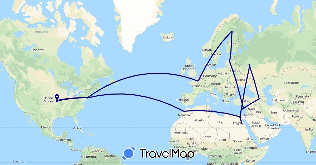 TravelMap itinerary: driving in Armenia, Cyprus, Egypt, Finland, France, Latvia, Morocco, Russia, United States (Africa, Asia, Europe, North America)